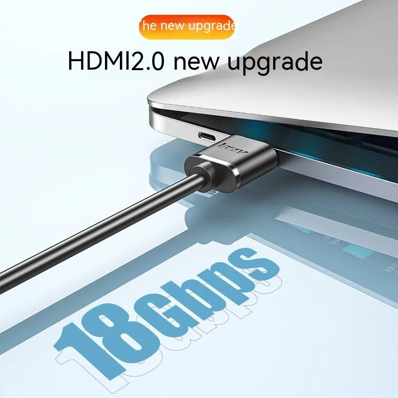 Flexible thin HDMI cable with gold-plated connectors and HDMI hairline rule design on a white background.