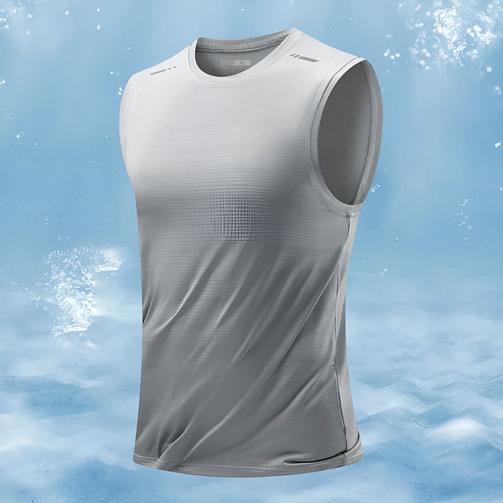 Men's loose grey sleeveless waistcoat vest made from non-iron bamboo blend fabric on a hanger.