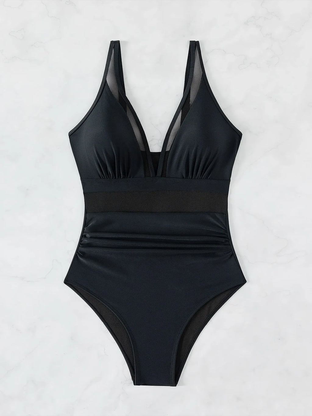 Black nylon mesh halter one-piece swimsuit with briefs bottom for women.