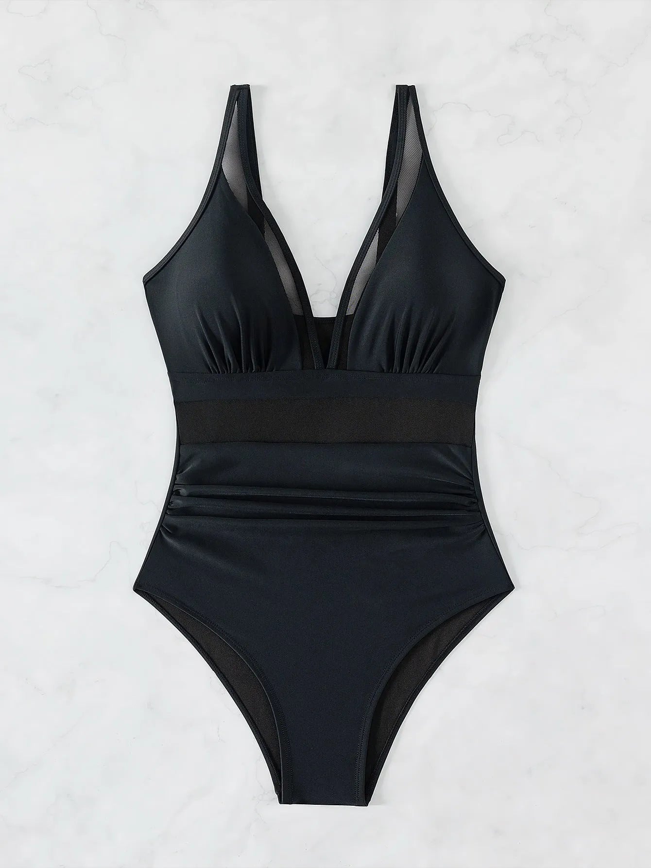 Black nylon mesh halter one-piece swimsuit with briefs bottom for women.