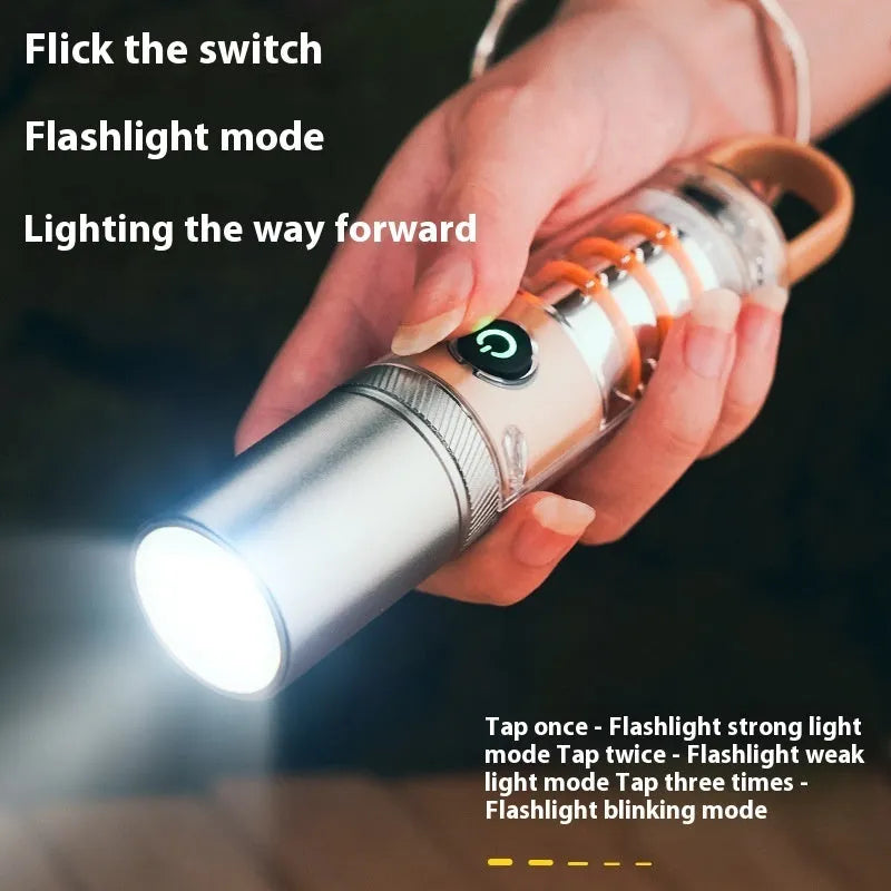 Orange and beige 10W dual light source flashlight with hook and optical zoom feature