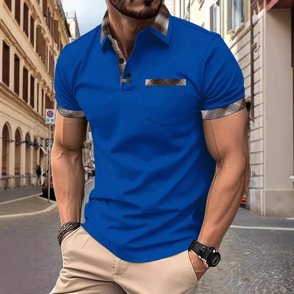 Men's plaid colourblock T-shirt with short sleeves and zipper decorations on front