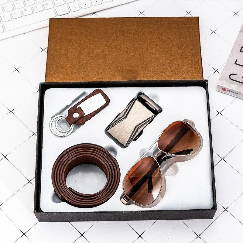 Business gift set for men with belt, wallet, quartz watch with leather strap, and pen in box