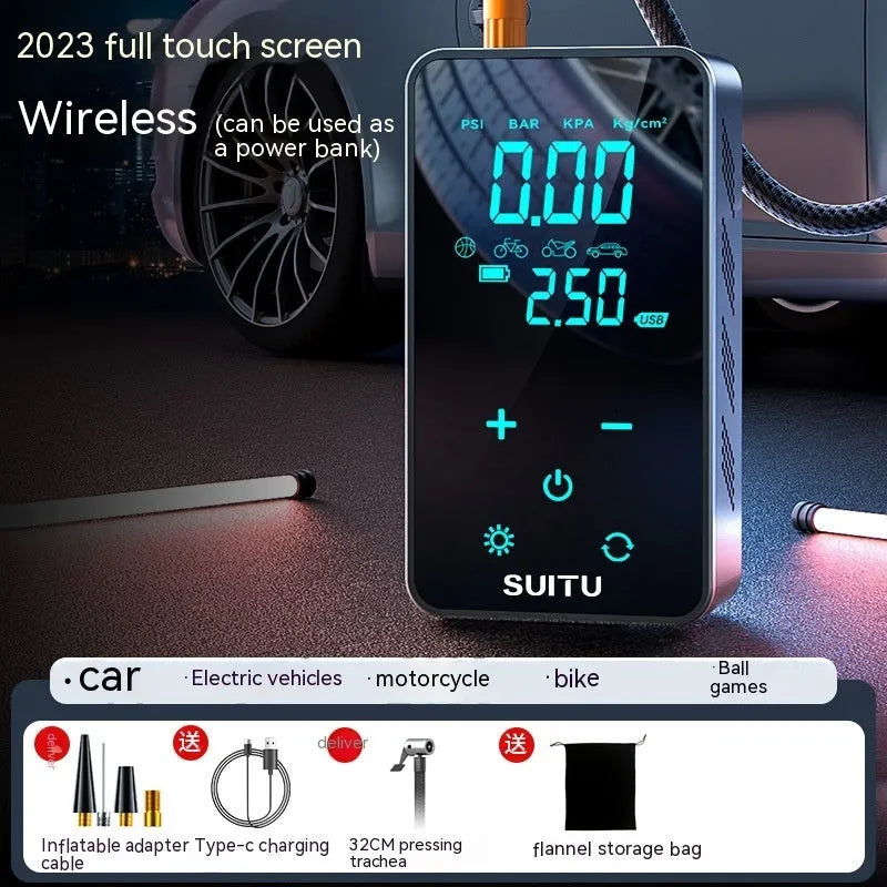 Wireless car tyre inflator with digital LCD screen showing pressure reading