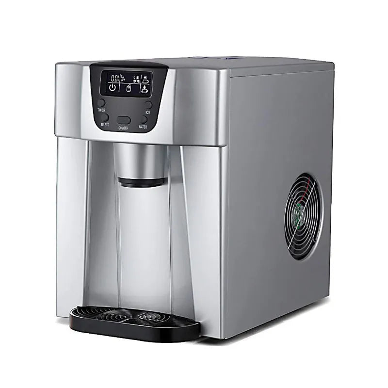 Red desktop ice maker with round ice cubes in basket, model 20E, 15kg daily capacity