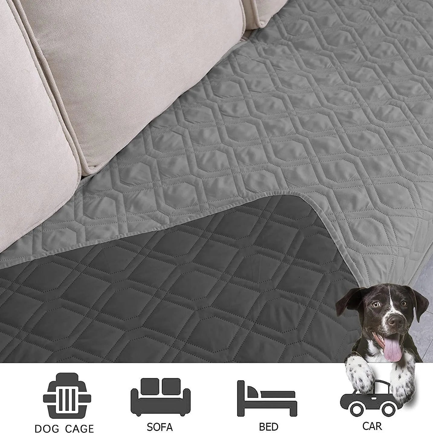 Reversible dog blanket sofa cover in grey and cream colours laid flat on a sofa