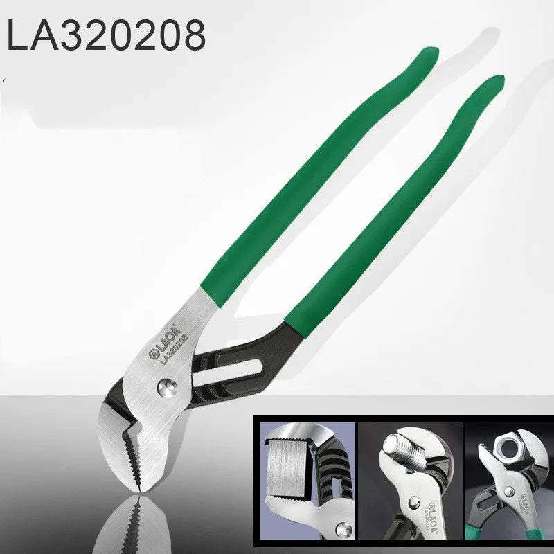 Adjustable water pipe wrench set showing four size options with CR-V steel construction and multi-gear adjustment mechanism