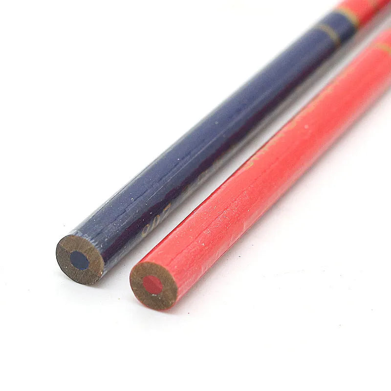 Ten red and blue two-colour carpenter's pencils with wooden casing round marking pens