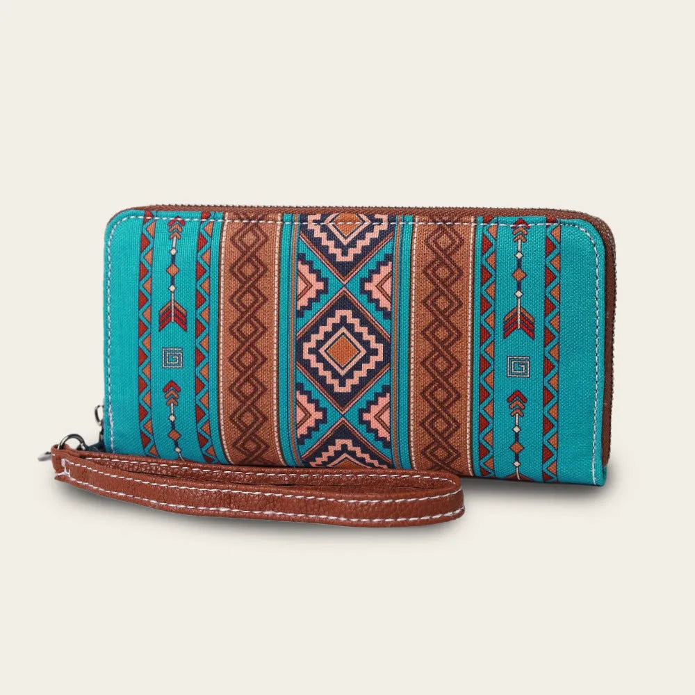 Bohemian stripe pattern RFID blocking canvas wallet in beige, black and red, blue and khaki colours