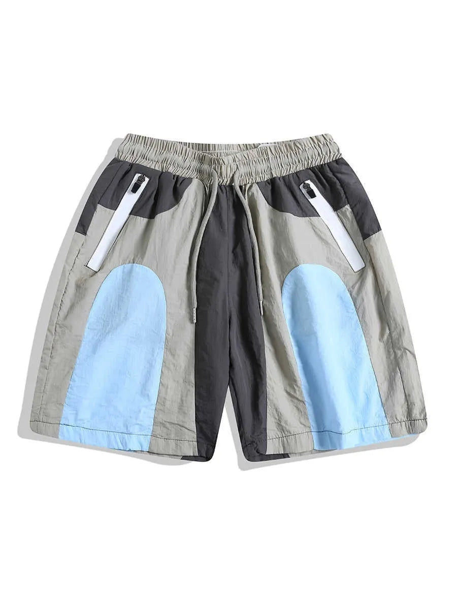 Blue patchwork men's quick-drying shorts with micro-elastic waistband and straight-leg cut