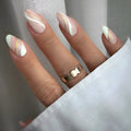 Golden Lines Wearable Nail Stickers set showing plaid pattern in JF0518 colour on medium drop shaped plastic nails.
