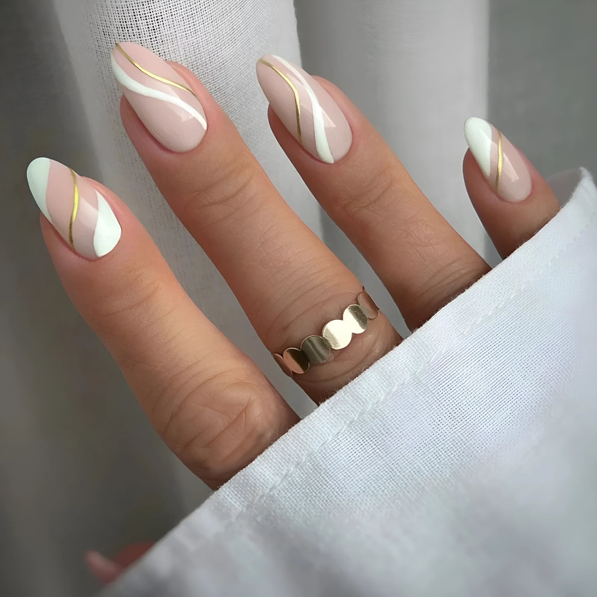 Golden Lines Wearable Nail Stickers set showing plaid pattern in JF0518 colour on medium drop shaped plastic nails.