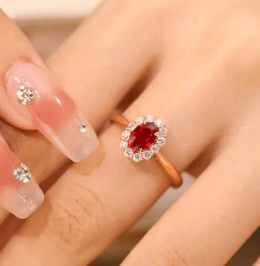 Gold pigeon red blood gemstone sterling silver inlaid ring with floral pattern design for women