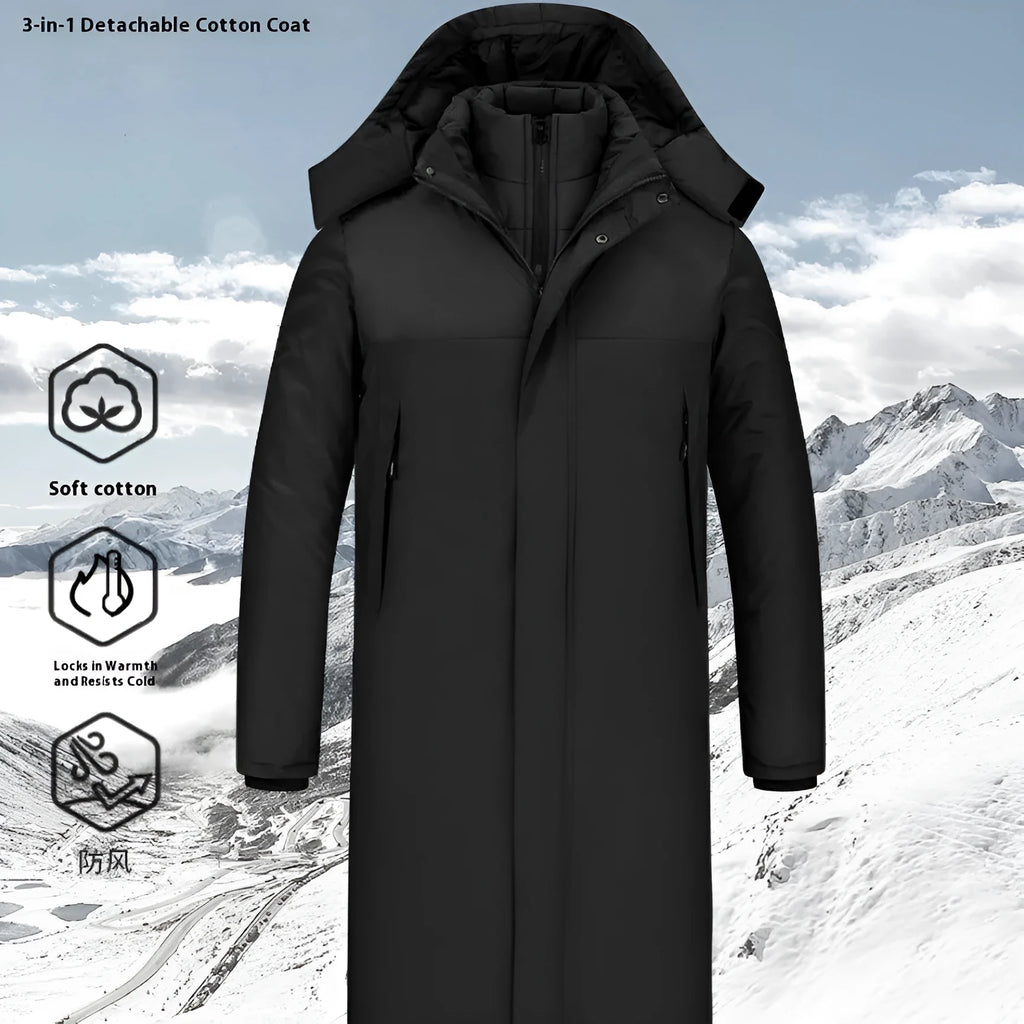 Men's long windproof waterproof cotton shell jacket in black, polyester fibre, sizes S to 5XL
