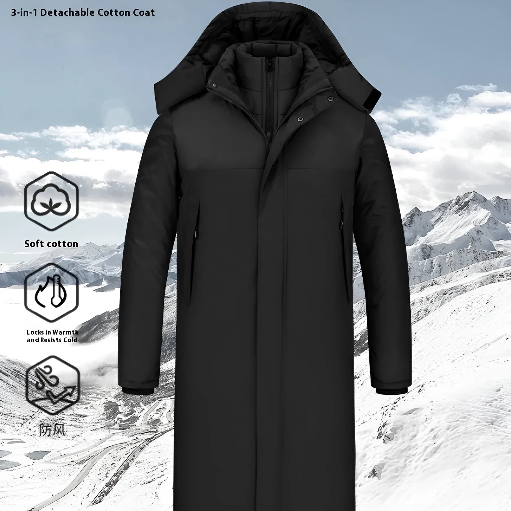 Men's long windproof waterproof cotton shell jacket in black, polyester fibre, sizes S to 5XL