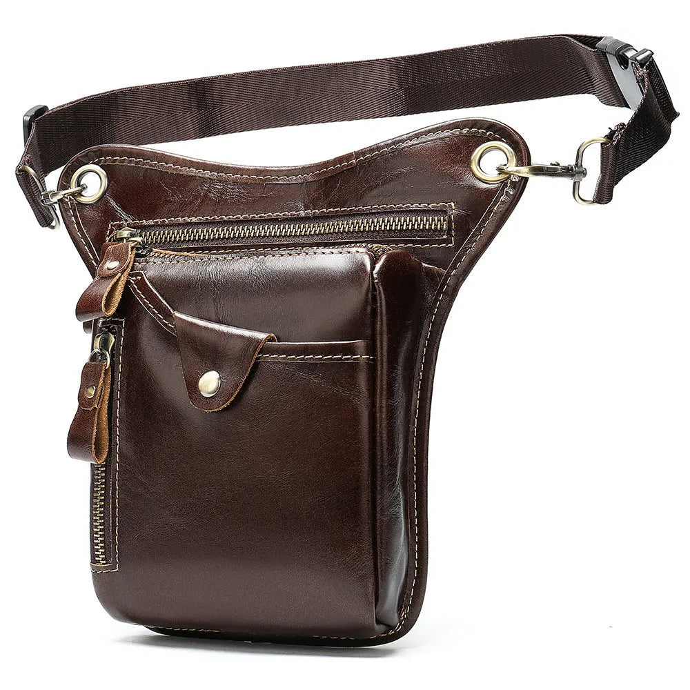 Men's brown crazy horse leather retro satchel bag with a shoulder strap.