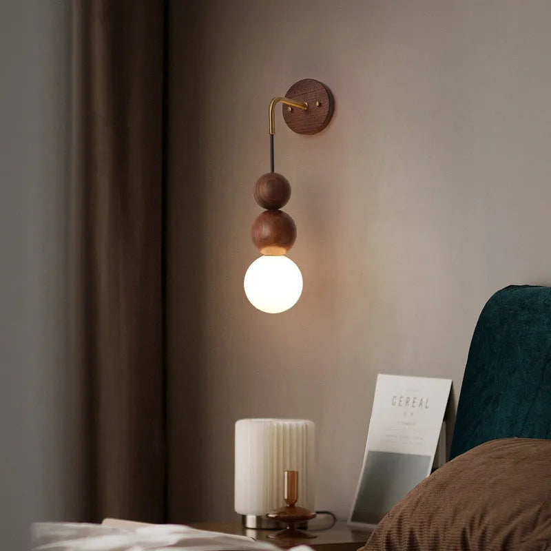 Wood and copper wall lamp with suspension wire and tricolour lighting, 10cm diameter 50cm height
