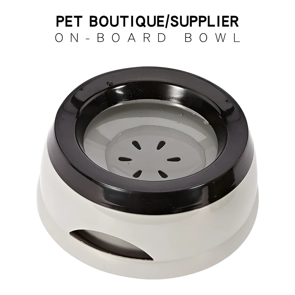 Floating no-spill plastic water bowl for pets with anti-wetting rim in grey green pink or blue