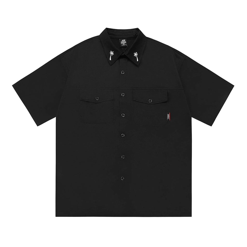 Men's black cotton blend work shirt with half sleeves and embroidered detailing, loose fit design