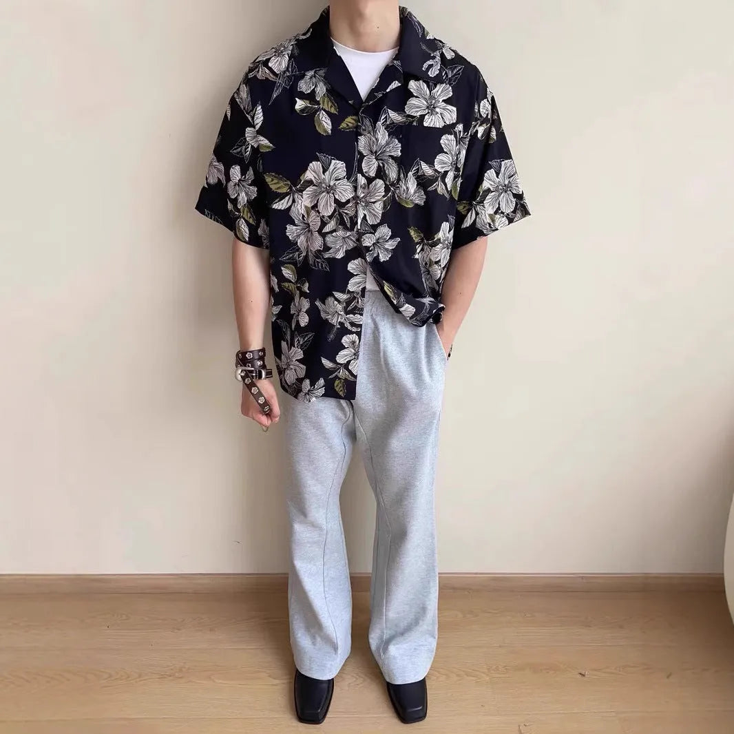 Black floral print mens shirt with vintage Cuban collar and short sleeves made from ice silk fabric