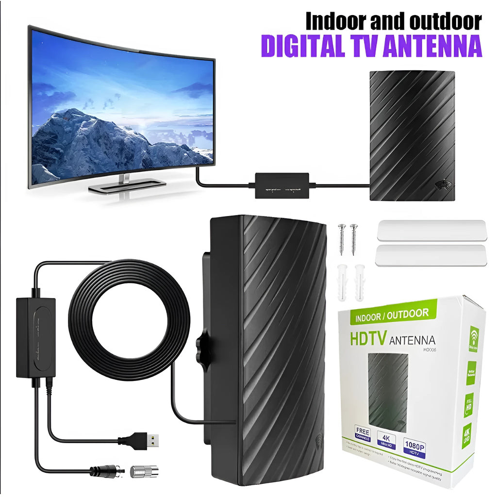Black plastic digital television antenna with mounting hardware including expansion tubes and cable ties