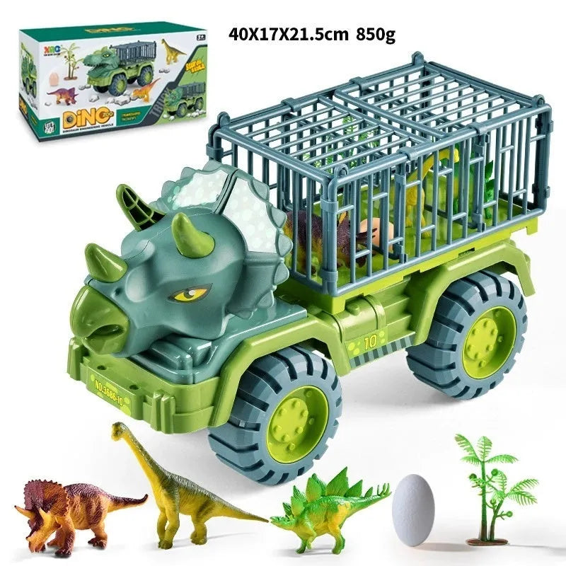 Large engineering vehicle dinosaur children's toy car set with Tyrannosaurus and Triceratops plastic vehicles in colour boxes