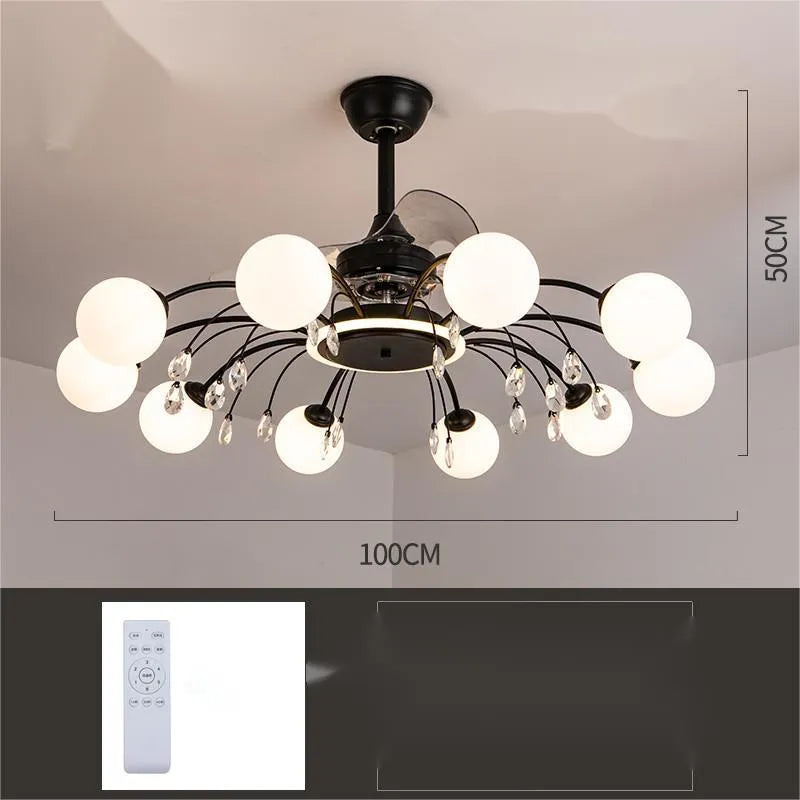 Gold and black ceiling fan lamp with acrylic shade and metal blades, showing remote control