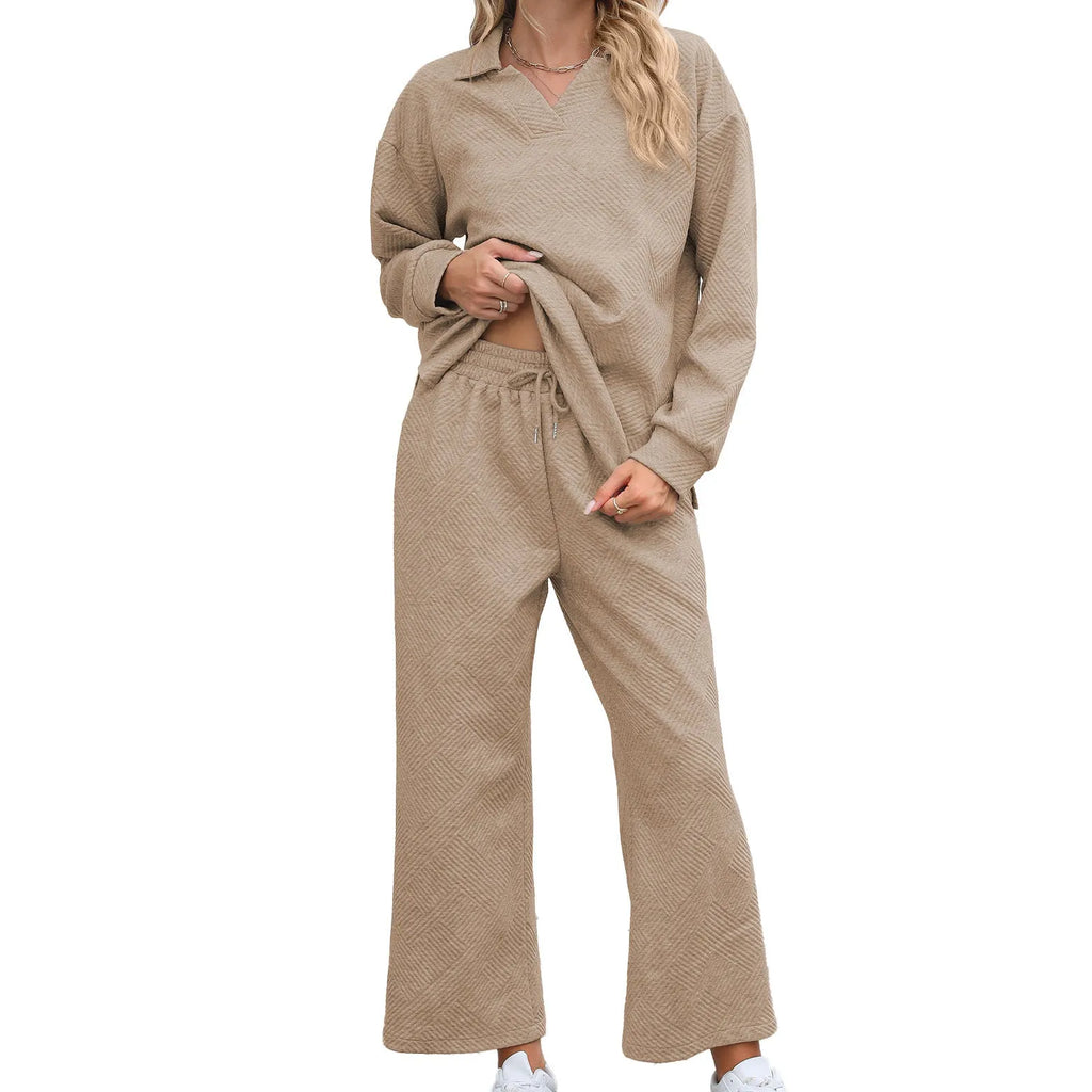 Women's black knitted jacquard two-piece suit with geometric pattern long sleeve sweater and elastic waist trousers