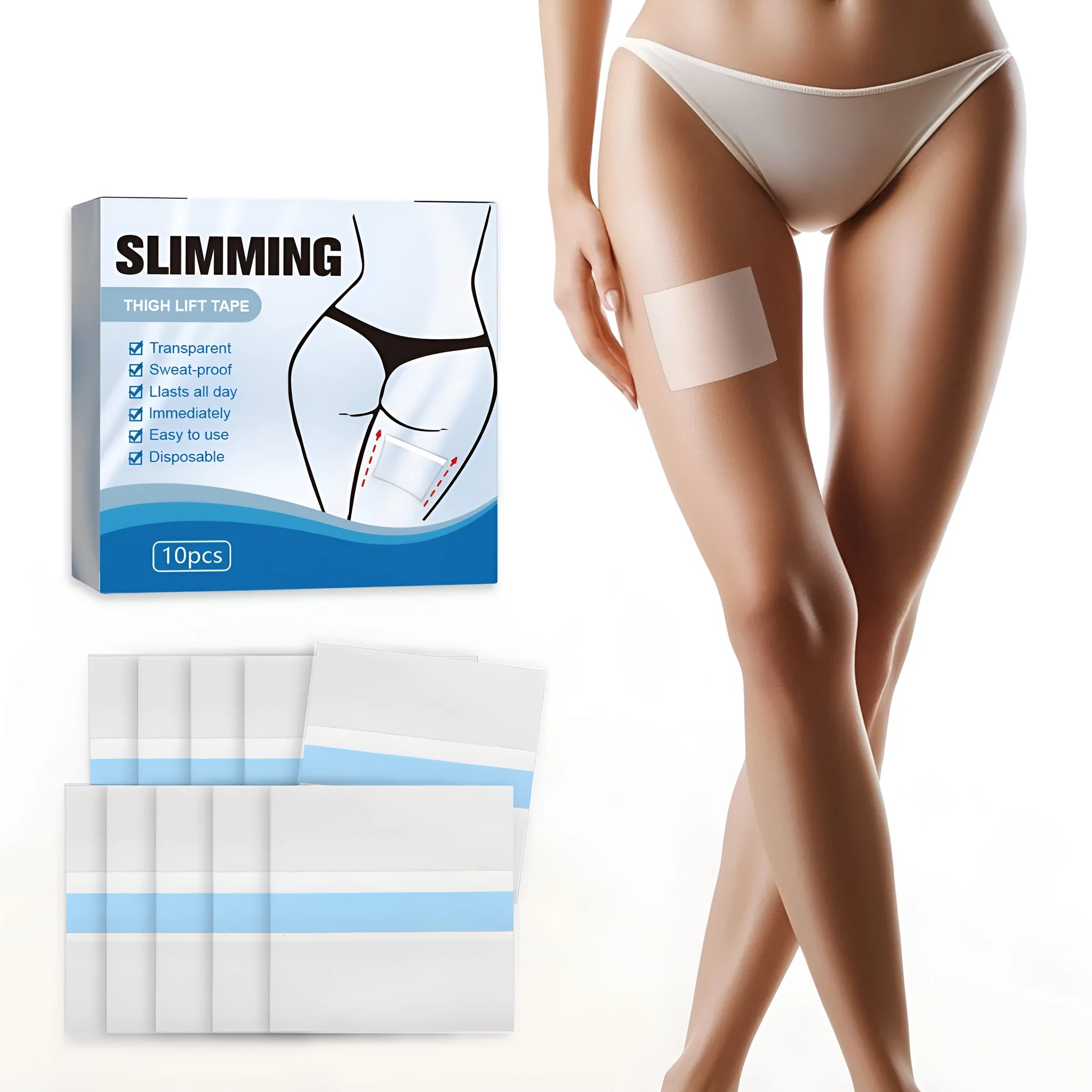 Box of ten white body shaping patches, each measuring 12 by 12 centimetres