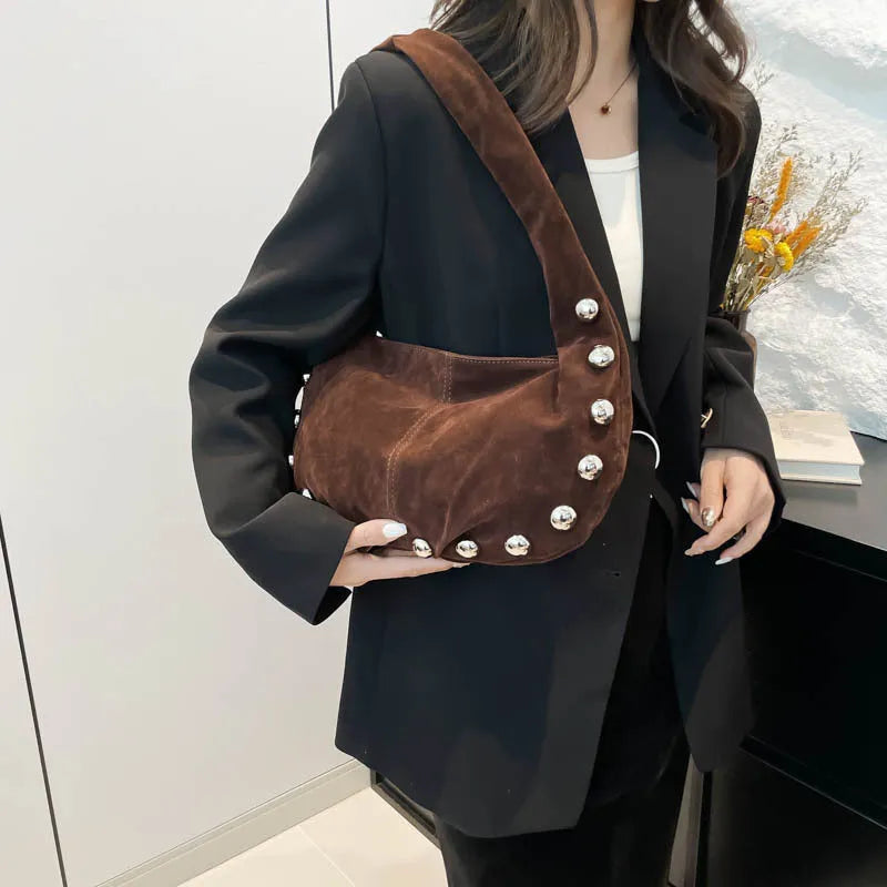 European and American style suede rivet underarm handbag in coffee colour with stitching and contrast detail