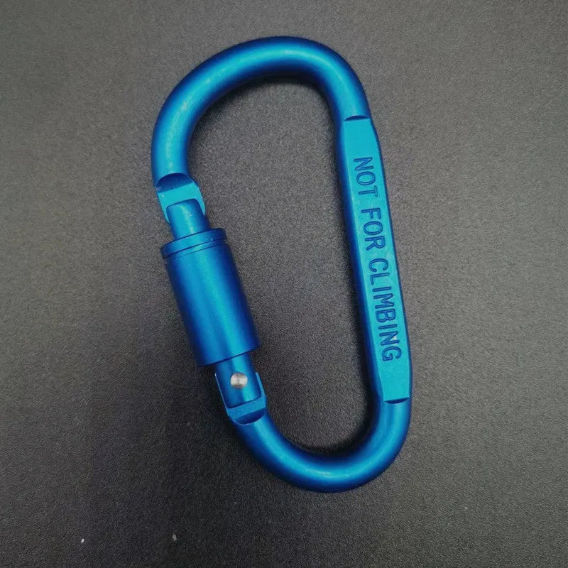 D-type aluminium carabiner with lock mechanism in bright colours measuring 8cm
