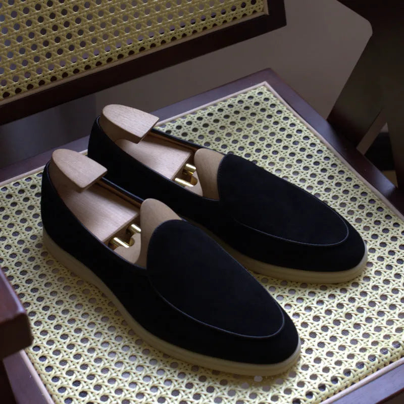 British handmade men's genuine leather loafers in brown with a flat TPR sole.