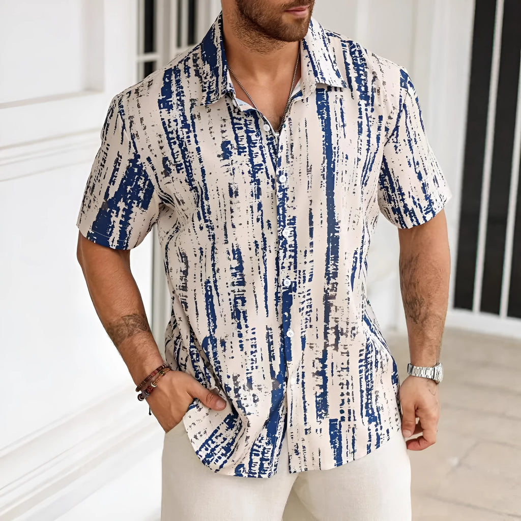 Men's striped short sleeve shirt in anti-wrinkle polyester fabric for summer casual wear