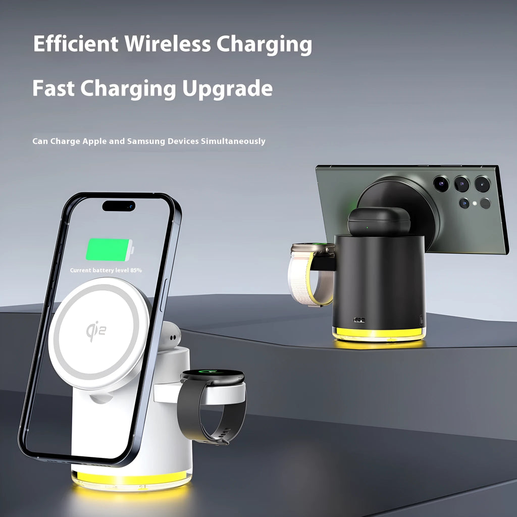 C16 portable magnetic three-in-one wireless folding charger in ivory white and black colour options