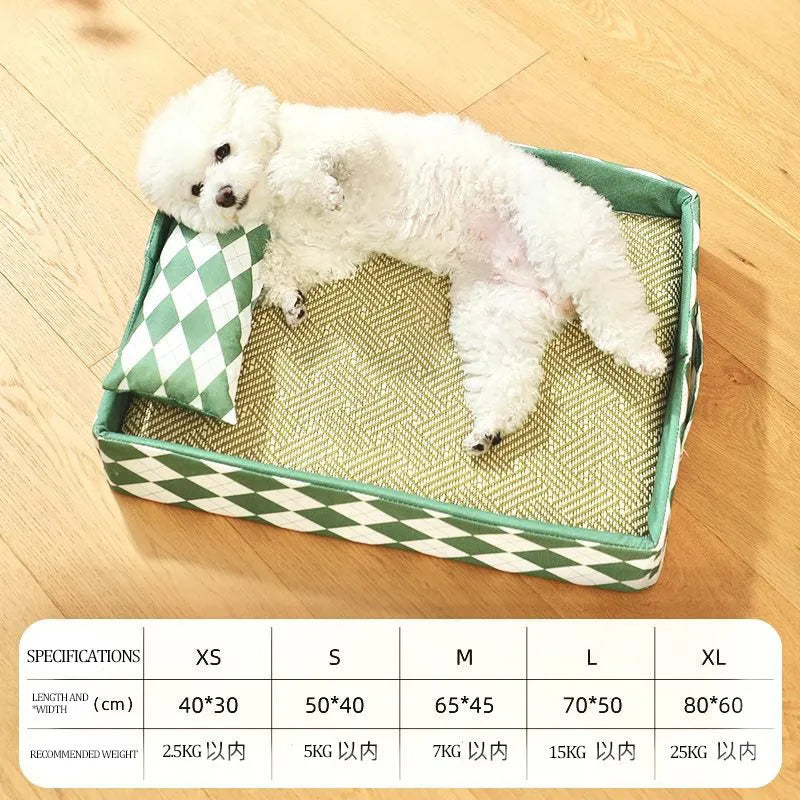 Blue woven rattan cat bed mat sitting on top of a white litter tray.