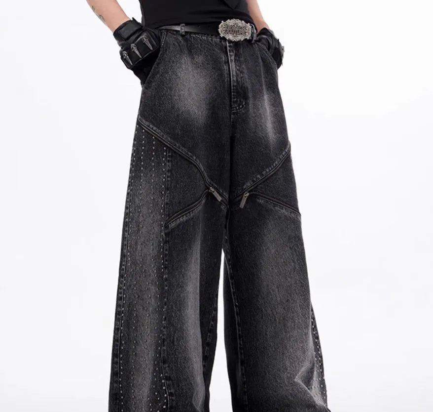 Wide leg cotton denim pants with structure zipper and worn finish in black and grey Korean style