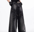Wide leg cotton denim pants with structure zipper and worn finish in black and grey Korean style