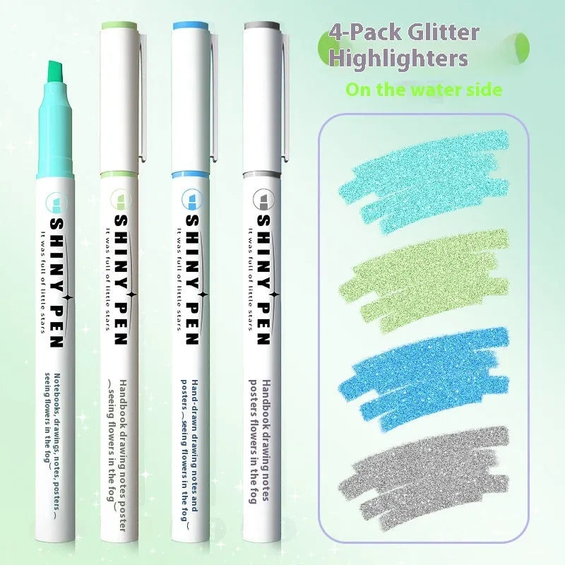Set of four Sparkling Star River glitter highlighter pens in pastel colours with slanted tips.