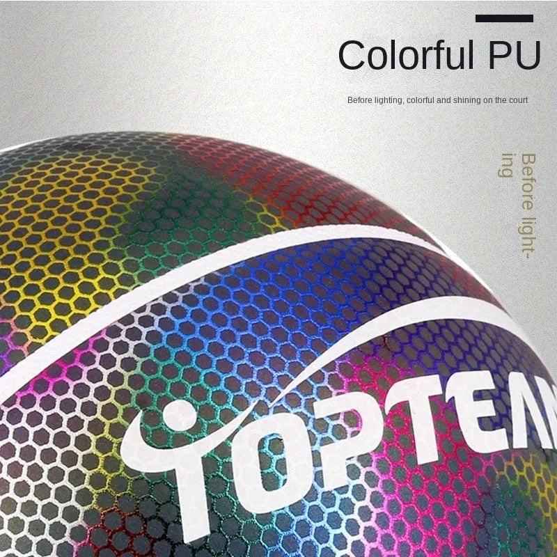 Size 7 basketball with holographic reflective surface in fluorescent colours