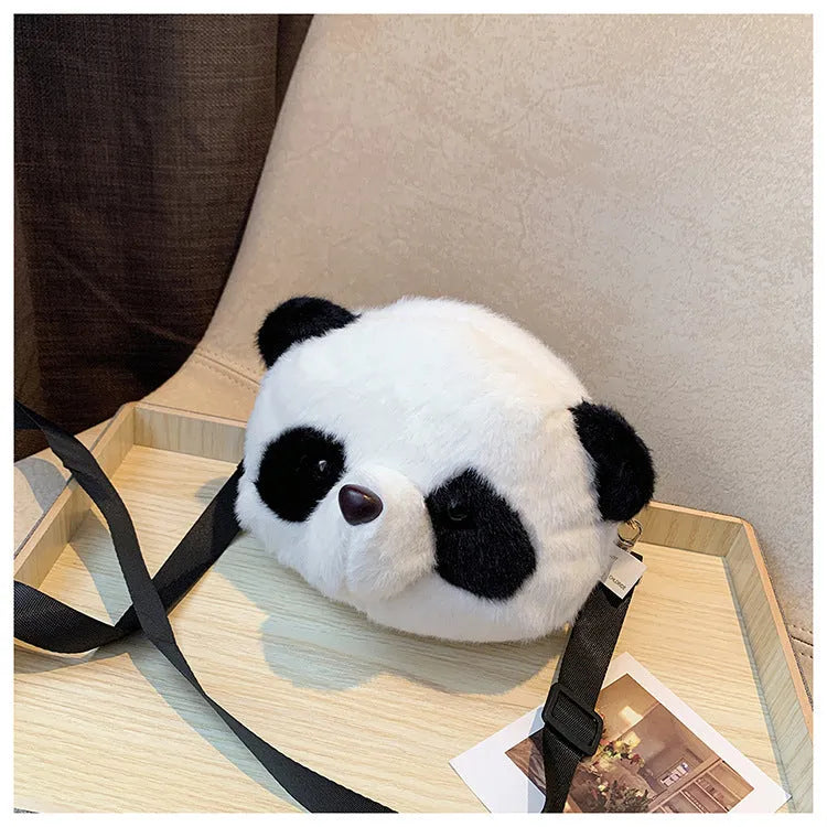 Soft plush cylindrical crossbody bag with panda head design showing 18cm dimensions