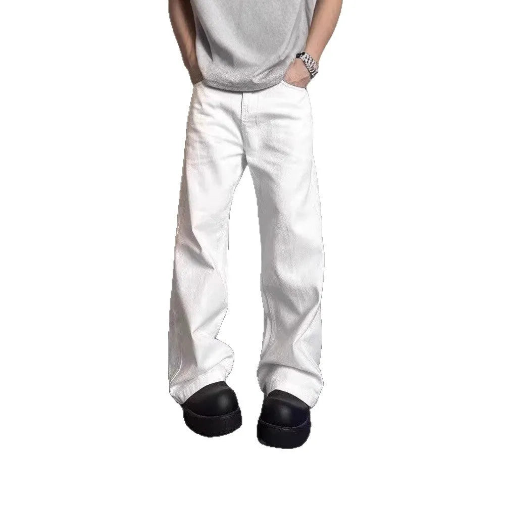 Men's white loose straight-leg jeans with wide leg openings and mid-waist design