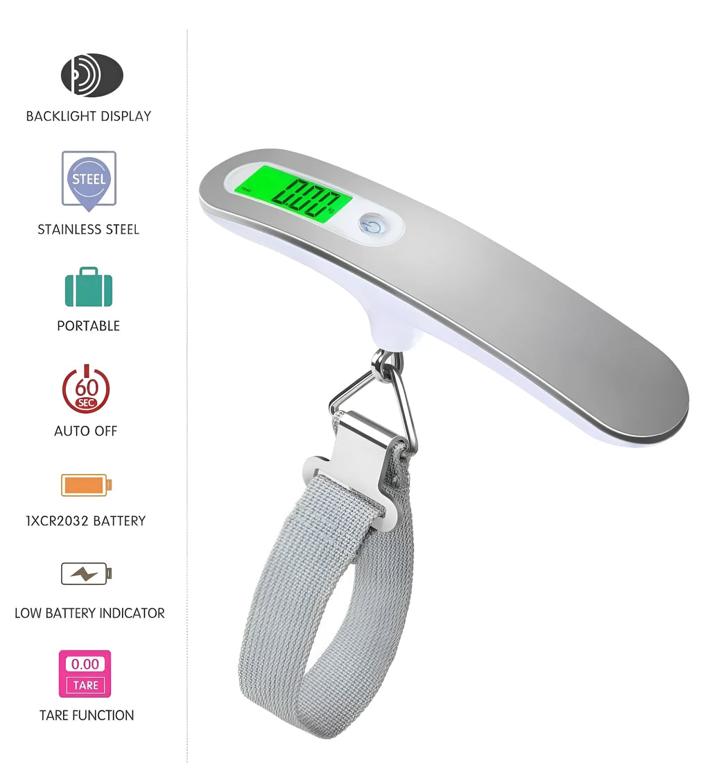 Portable silver LCD digital luggage scale with belt and backlit display showing weight in kg