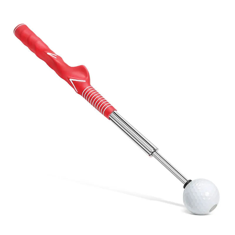 Telescopic golf swing trainer with stainless steel pole and practice net in black, blue, or red