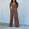 Brown polyester slim fit waist men's suit set with top and trousers