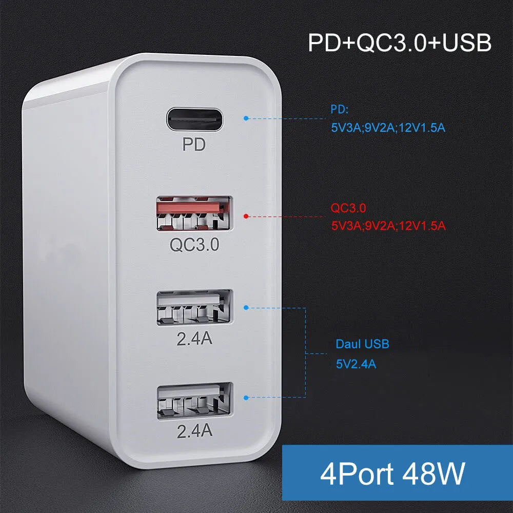 White multi-port fast charger with PD and QC support showing UK plug configuration