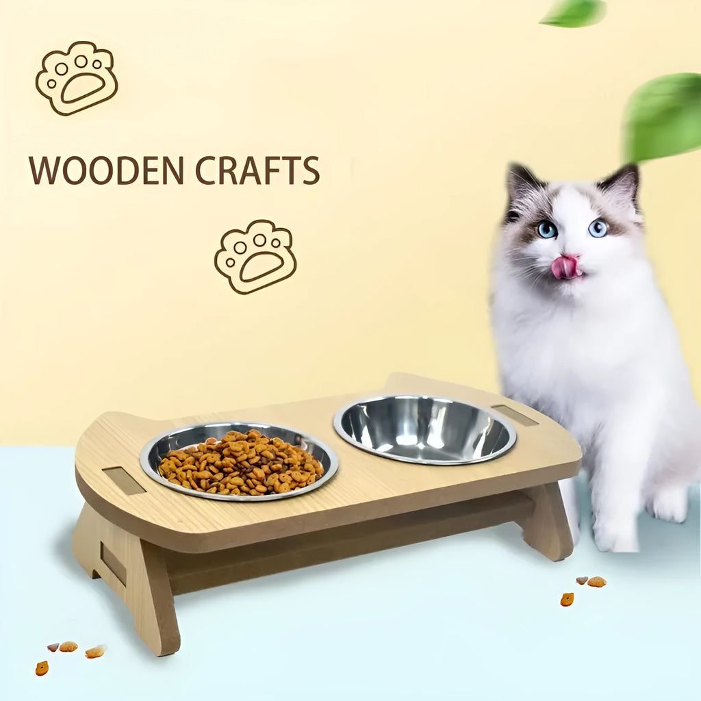 Wooden elevated cat feeder with two stainless steel bowls for food and water