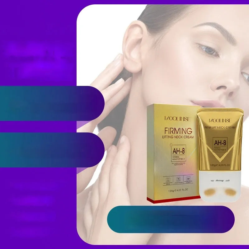 Neck moisturising cream tube with a silver massage roller applicator for dry skin.