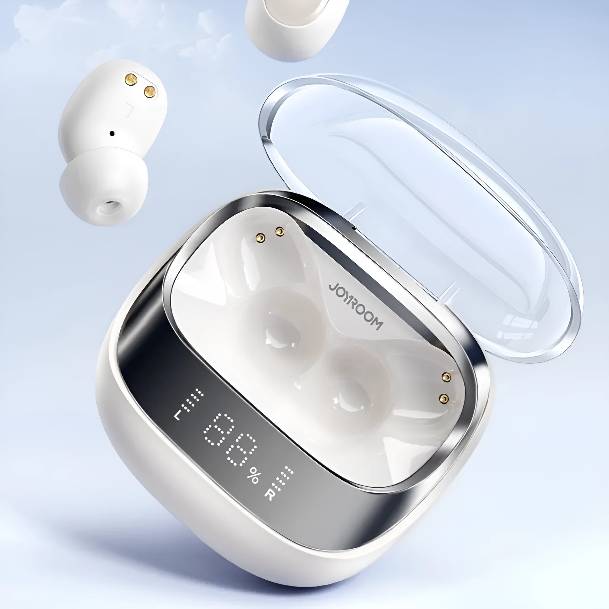 Wireless Bluetooth 5.3 in-ear earbuds with charging case in Dawn White, Starry Sky Black, or Purple.