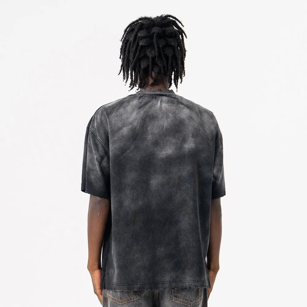 Black men's loose fit cotton t-shirt with printed letter pattern and drop-shoulder sleeves
