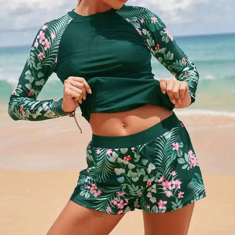 Women's long sleeve digital print conservative separate bikini swimwear in dark blue flowers on polyester fabric